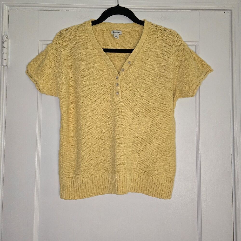 LL Bean Sweater Women S Yellow Henley Cotton Slub Short Sleeve Coastal Clean Grl
